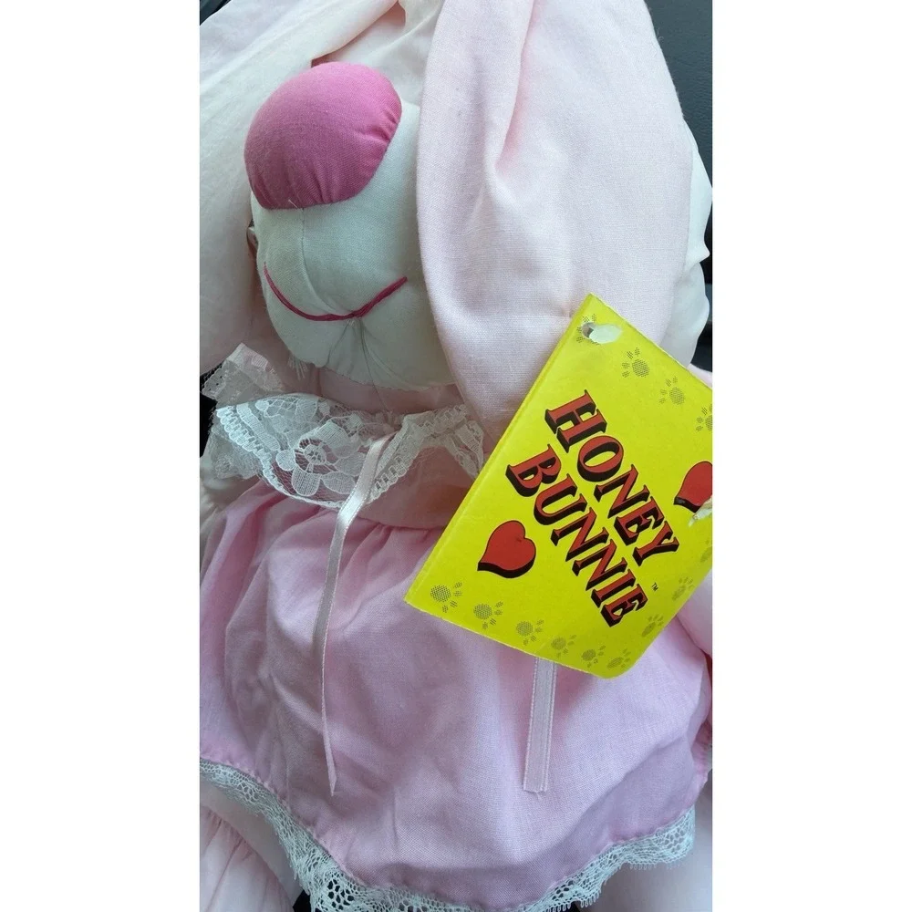 NWT Happy Mates Nylon Parachute Pink Bunny Rabbit plush Dress blue eyes Vintage